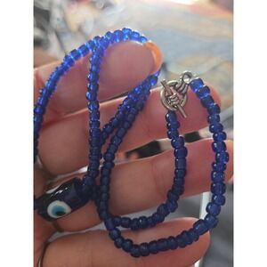 Vintage 15" Evil Eye Beaded Glass Choker Necklace Blue Handmade Toggle Clasp